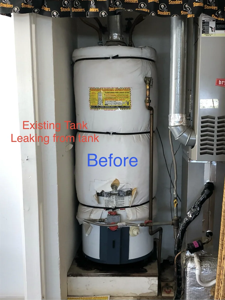 Existing leaking water heater before replacement by Premier Plumbing Solutions 925