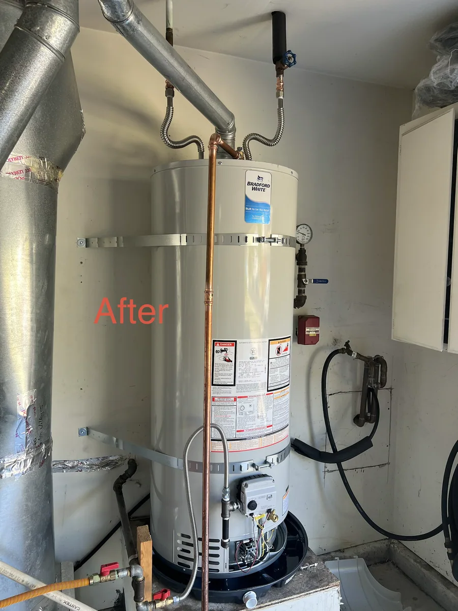 Finished water heater installation with copper piping by Premier Plumbing Solutions 925
