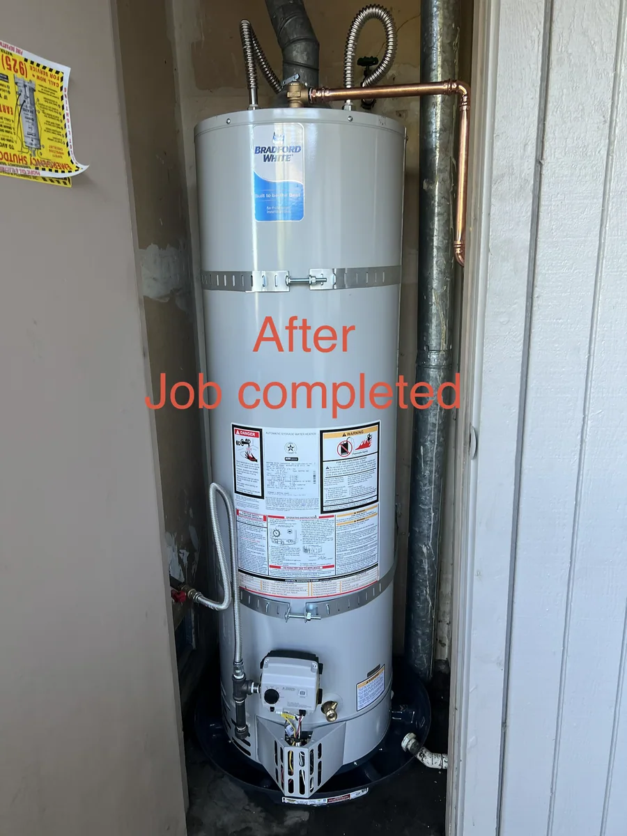Completed water heater replacement by Premier Plumbing Solutions 925 in Brentwood CA